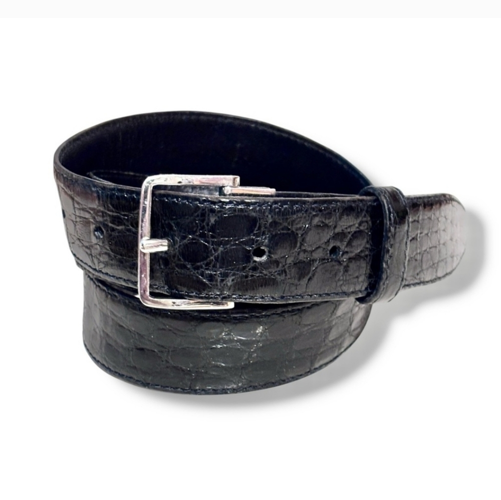 LARUSMIANI Black Crocodile Leather Belt Silver Tone Buckle Size 38”/95 cm
